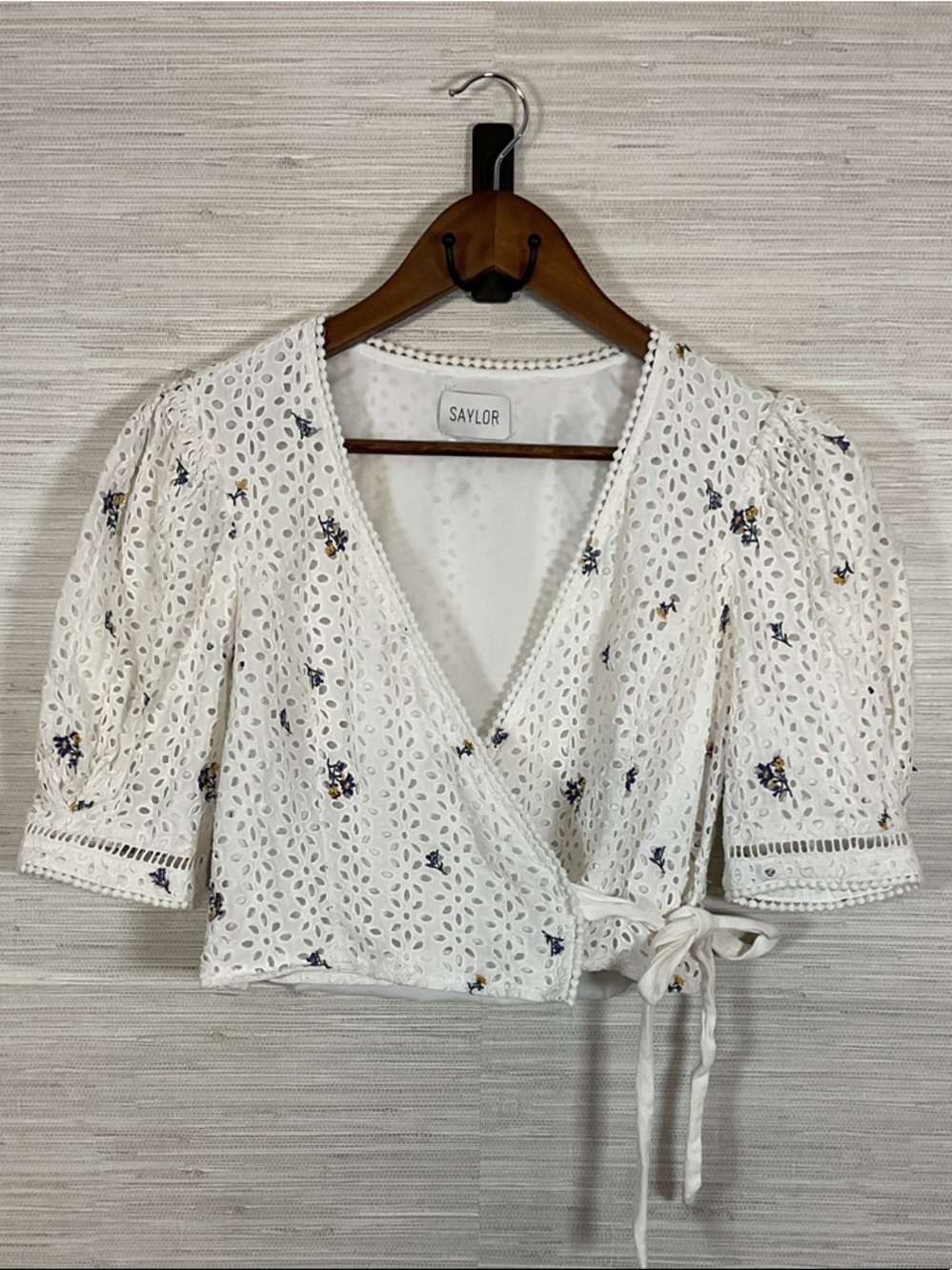 SAYLOR Angelina White Eyelet Wrap Crop Top with Blue Floral Embroidery Medium